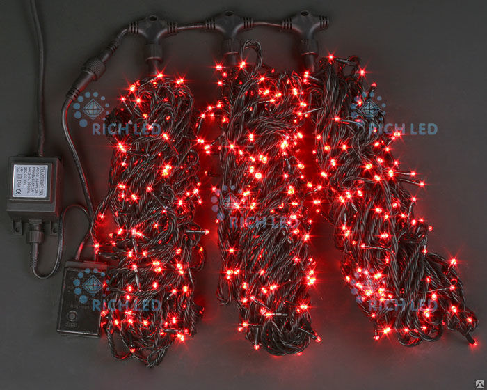 Светодиодная гирлянда LED 3 Нити по 20 м c контроллером, красная, 8 режимов, 24В, IP54