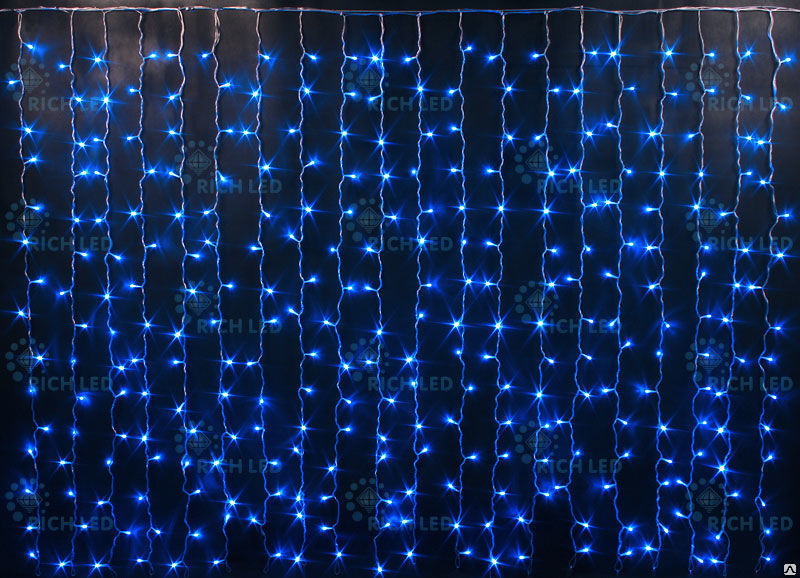 Световой занавес LED, прозрачный провод, 2х1,5 м, 220В, синий, МЕРЦАЮЩИЙ, IP54