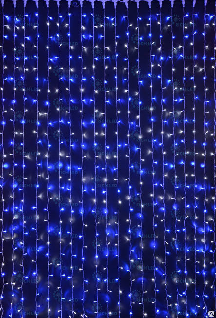 Световой занавес LED, 2х1.5 м, 220В, синий + белый, постоянное свечение, IP54, соединяемый