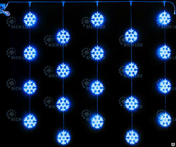 Светодиодный узорный занавес LED Снежинки 2х2м, 220В, синий, IP54, соединяемый