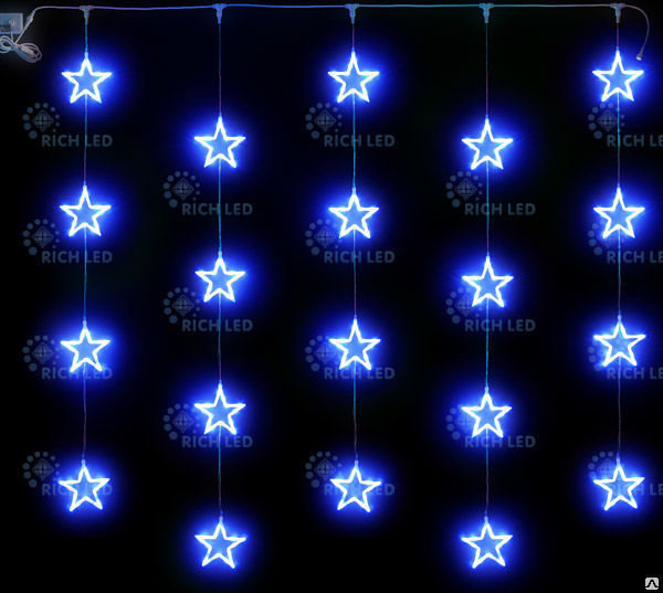 Светодиодный узорный занавес LED Звезды 2х2м, 220В, синий, IP54, соединяемый