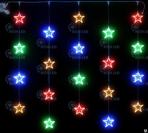 Светодиодный узорный занавес LED Звезды 2х2м, 220В, мульти, IP54, соединяемый