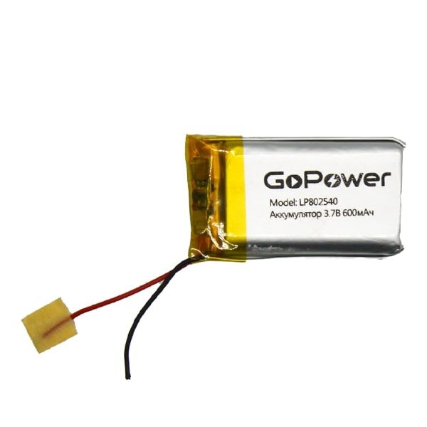Аккумулятор Li-Pol LP802540-20CM PK1 3.7V 600mAh (толщ.8,0мм, шир.25мм, дл.40мм) "GoPower"