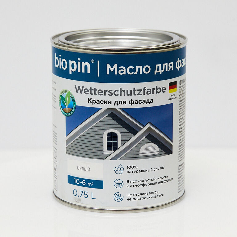 Краска для фасада укрывной (белая) 0,75л Wetterschutzfarbe weis BIO PIN