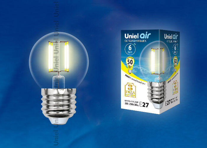 Лампы светодиодные LED-G45-6W/WW/E27/CL GLA01TR картон Uniel