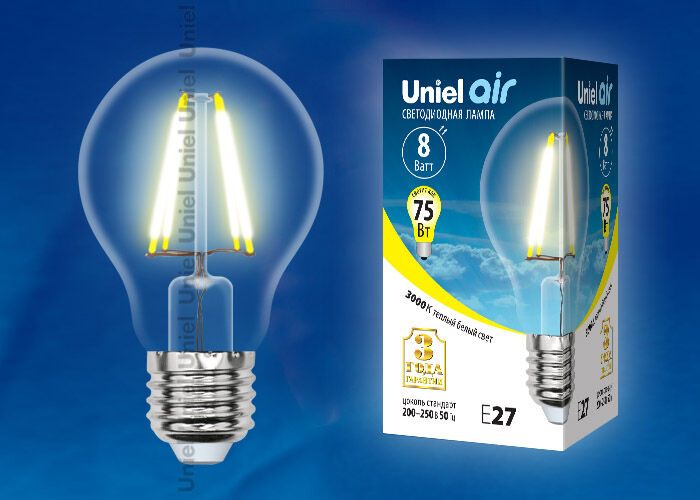 Лампы светодиодные LED-A60-8W/WW/E27/CL GLA01TR картон Uniel