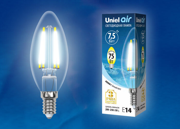 Лампа светодиодные LED-C35-7,5W/NW/E14/CL GLA01TR картон Uniel