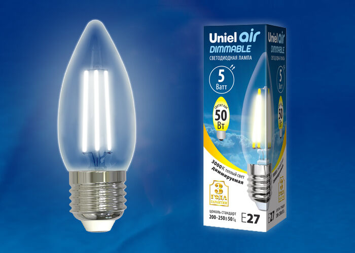 Лампа светодиодная диммируемая LED-C35-5W/WW/E27/CL/DIM GLA01TR Uniel UL-00003643