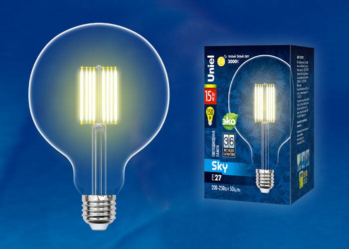 Лампа филаментная прозрачная LED-G125-15W/3000K/E27/CL PLS02WH Uniel UL-00004860