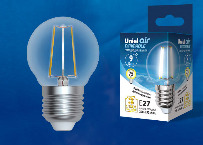 Лампа светодиодная диммируемая LED-G45-9W/4000K/E27/CL/DIM GLA01TR Uniel UL-00005194