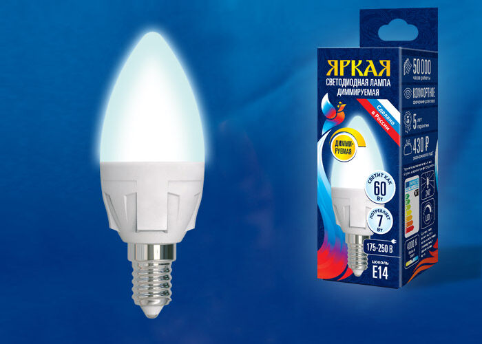Лампа диммируемая LED-C37 7W/4000K/E14/FR/DIM PLP01WH Uniel UL-00004294