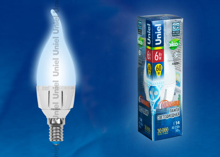 Лампа светодиодная LED-CW37-6W/NW/E14/FR/DIM ALP01WH пластик