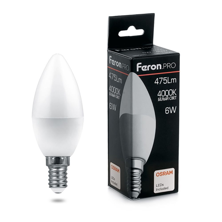 Лампа светодиодная Feron.PRO LB-1306 38045 Свеча E14 6W 4000K OSRAM LED