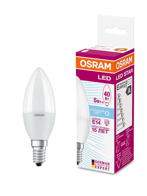 Лампа светодиодная LED STAR CLASSIC B 40 5W/840 5Вт свеча 4000К нейтр. бел. E14 470лм 220-240В матов. пласт. OSRAM 40580