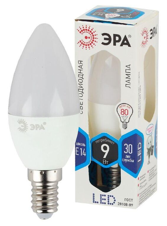 Лампа светодиодная B35-9w-840-E14 свеча 720лм ЭРА Б0027970 Эра