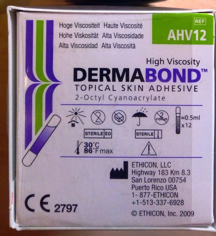 Дермабонд кожный клей, высоковязкий, с круглым наконечником, 0.5 мл, 12 шт, AHV12