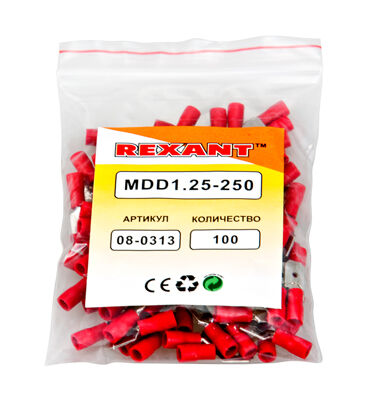 Клемма плоская изолированная красная, штекер 6.3 мм 0.5-1.5 кв. мм. (РПи-п1.5-(6.3)) "Rexant" 2