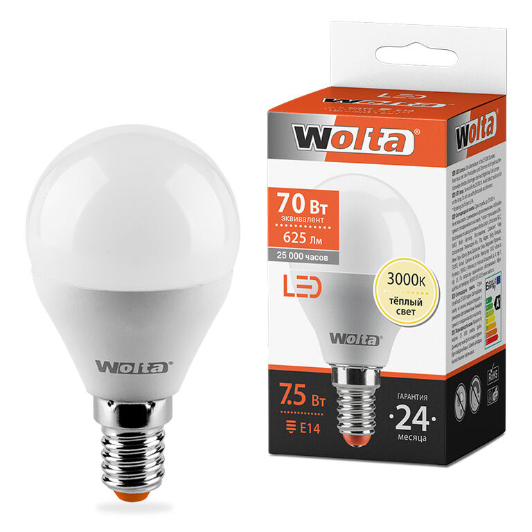 Светодиодная лампа WOLTA 25Y45GL7.5E14 7.5Вт 3000K E14