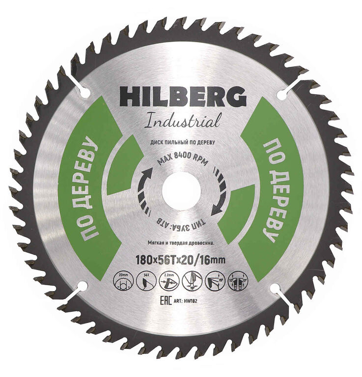Диск пильный Hilberg Industrial дерево 180х20/16х56Т HW182