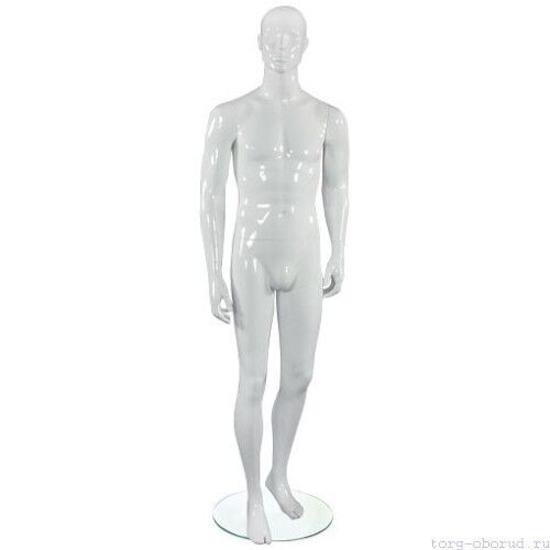 Манекен мужской, белый глянцевый, абстрактный, для одежды в полный рост на круглой подставке, стоячий прямо. - MD-TANGO