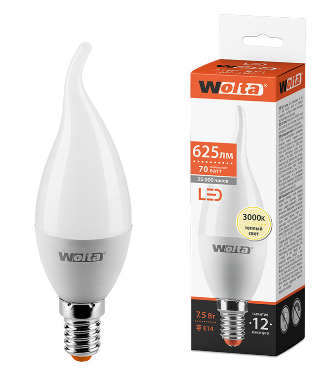 Светодиодная лампа WOLTA 25YCD7.5E14 7.5Вт 3000K E14