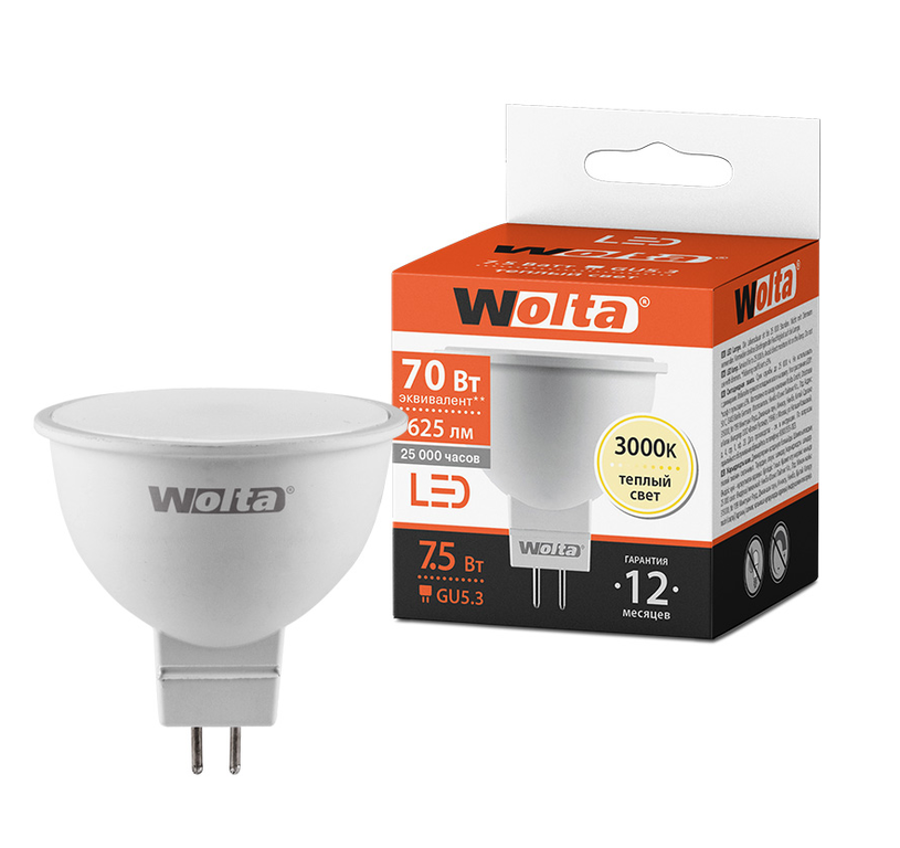 Светодиодная лампа WOLTA 25YMR16-220-7.5GU5.3 7.5Вт 3000K GU5.3